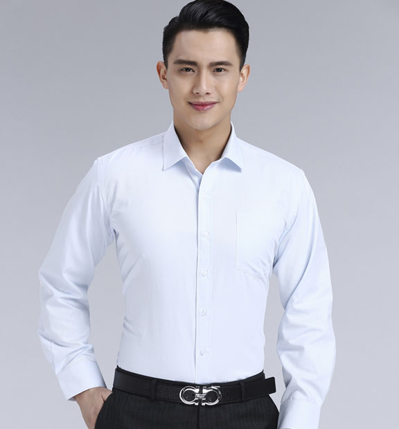 淺藍(lán)色斜紋男款滌棉翻領(lǐng)長(zhǎng)袖修身襯衫-1383#