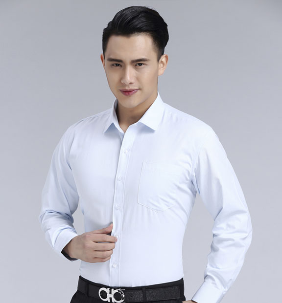 淺藍(lán)色斜紋男款滌棉翻領(lǐng)長(zhǎng)袖修身襯衫-1383#