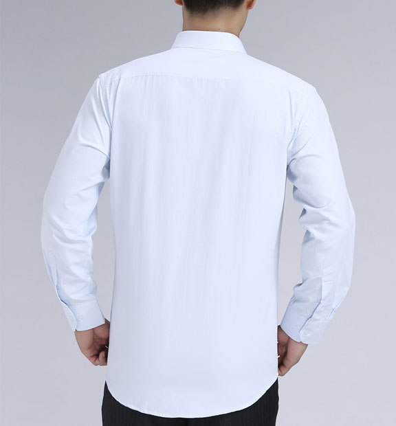 淺藍(lán)色斜紋男款滌棉翻領(lǐng)長(zhǎng)袖修身襯衫-1383#