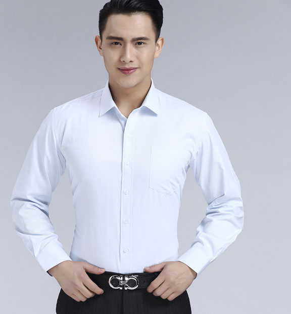 淺藍(lán)色斜紋男款滌棉翻領(lǐng)長(zhǎng)袖修身襯衫-1383#