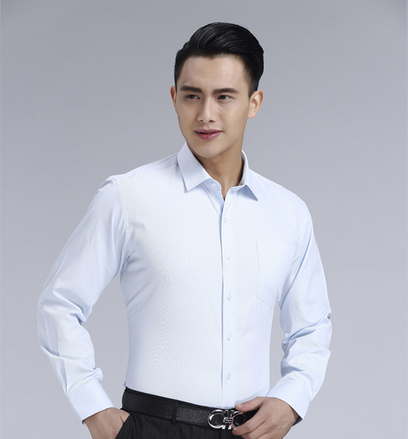 白豎紋男款滌棉翻領(lǐng)長袖韓版襯衫-1493#