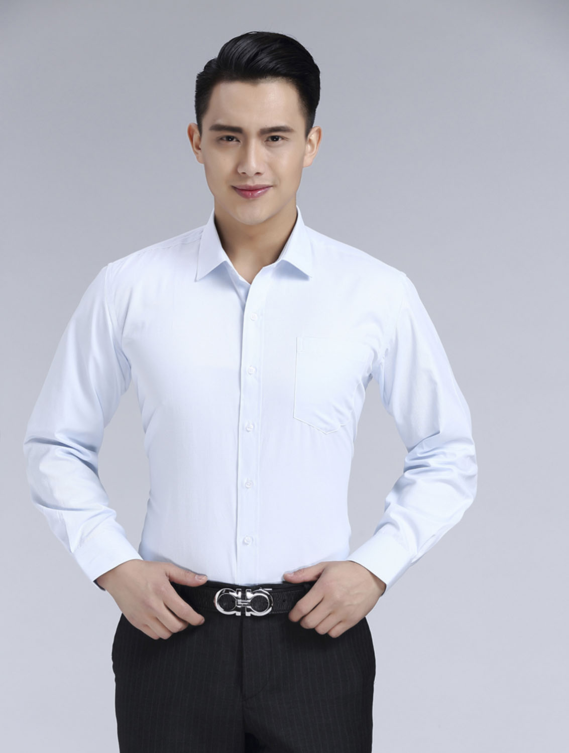 淺藍(lán)色斜紋男款滌棉翻領(lǐng)長(zhǎng)袖修身襯衫-1383#