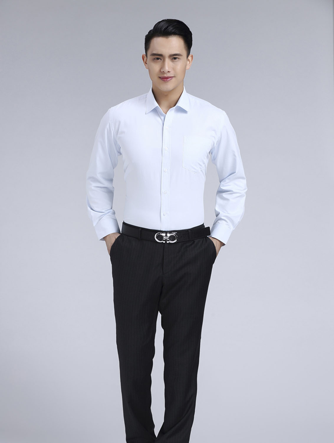 淺藍(lán)色斜紋男款滌棉翻領(lǐng)長(zhǎng)袖修身襯衫-1383#