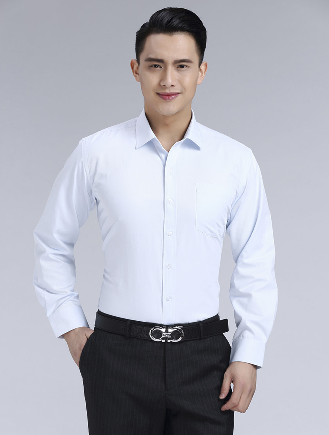 淺藍(lán)色斜紋男款滌棉翻領(lǐng)長(zhǎng)袖修身襯衫-1383#