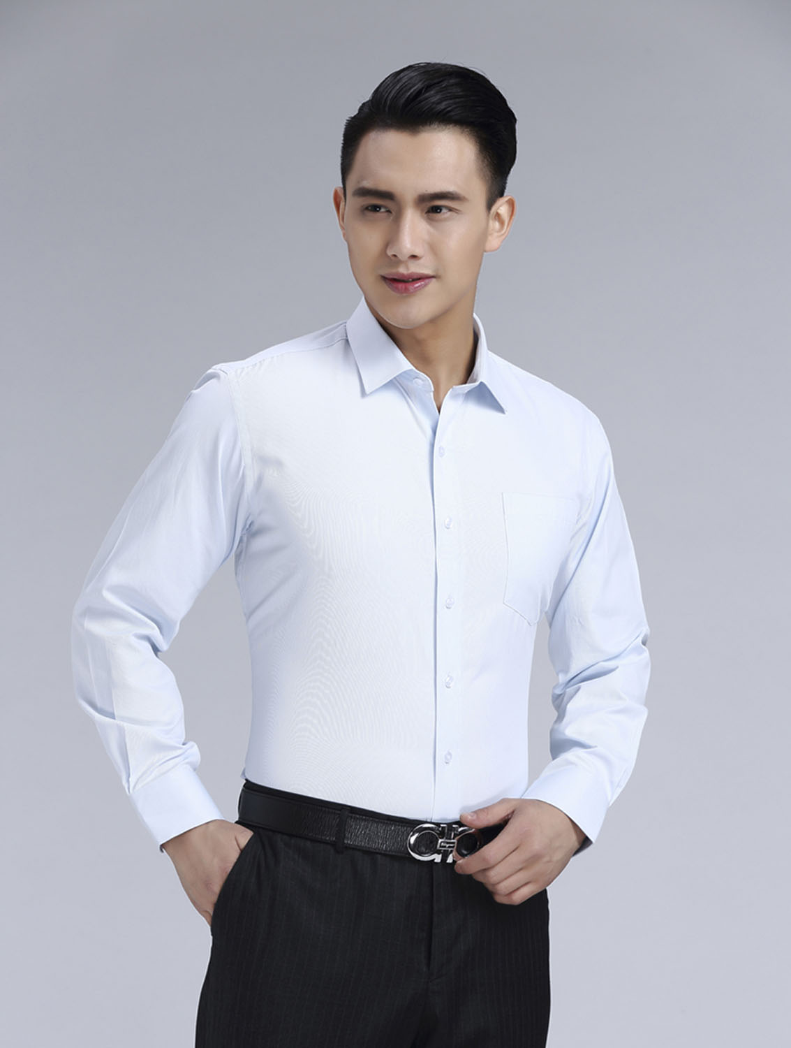 白豎紋男款滌棉翻領(lǐng)長袖韓版襯衫-1493#