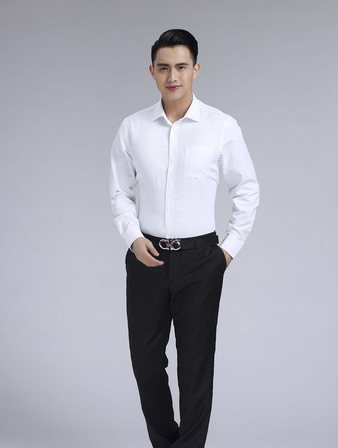 白色男款滌棉翻領(lǐng)長(zhǎng)袖修身襯衫-3016-1#