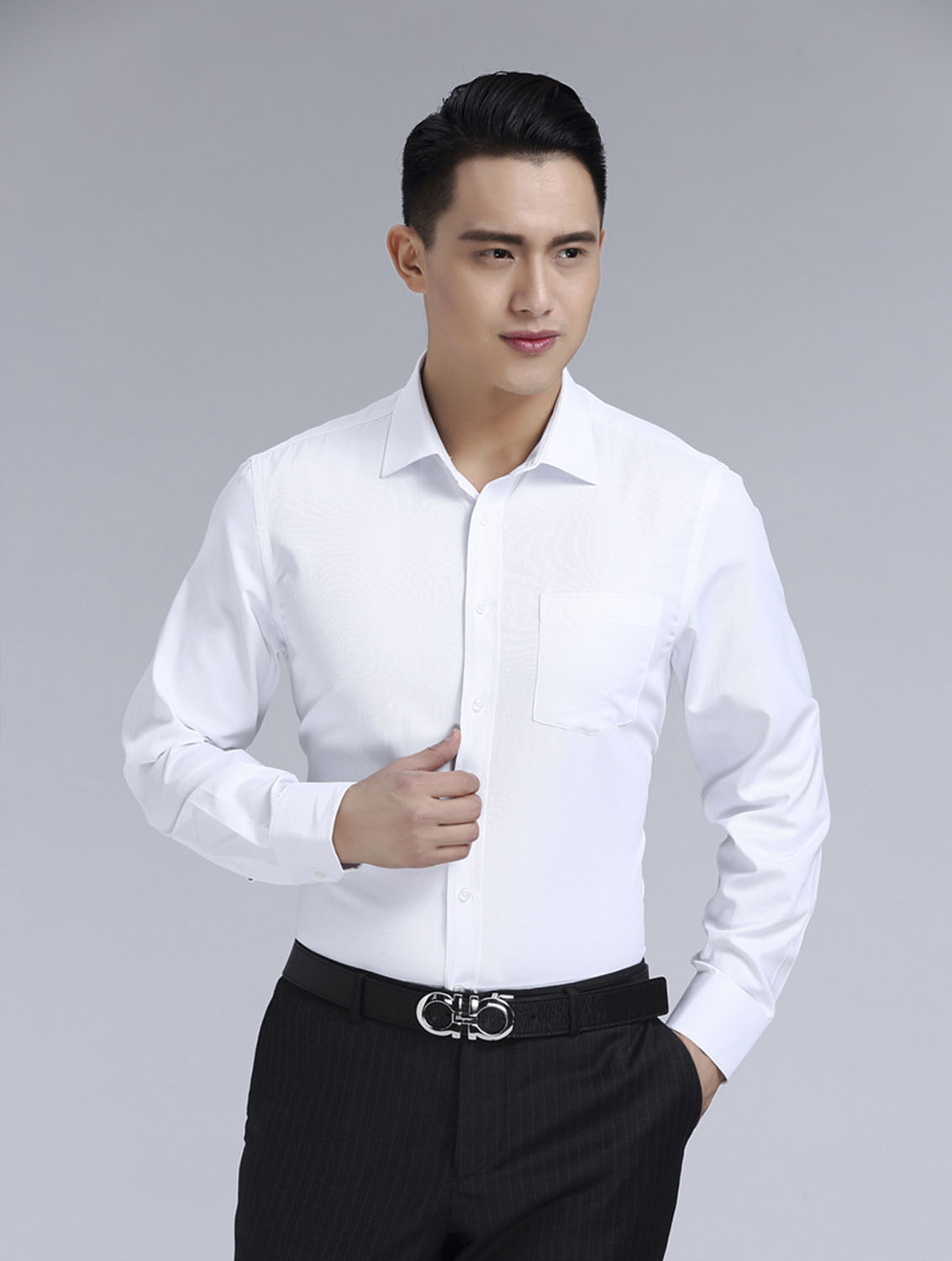 白色男款滌棉翻領(lǐng)長(zhǎng)袖修身襯衫-3016-1#