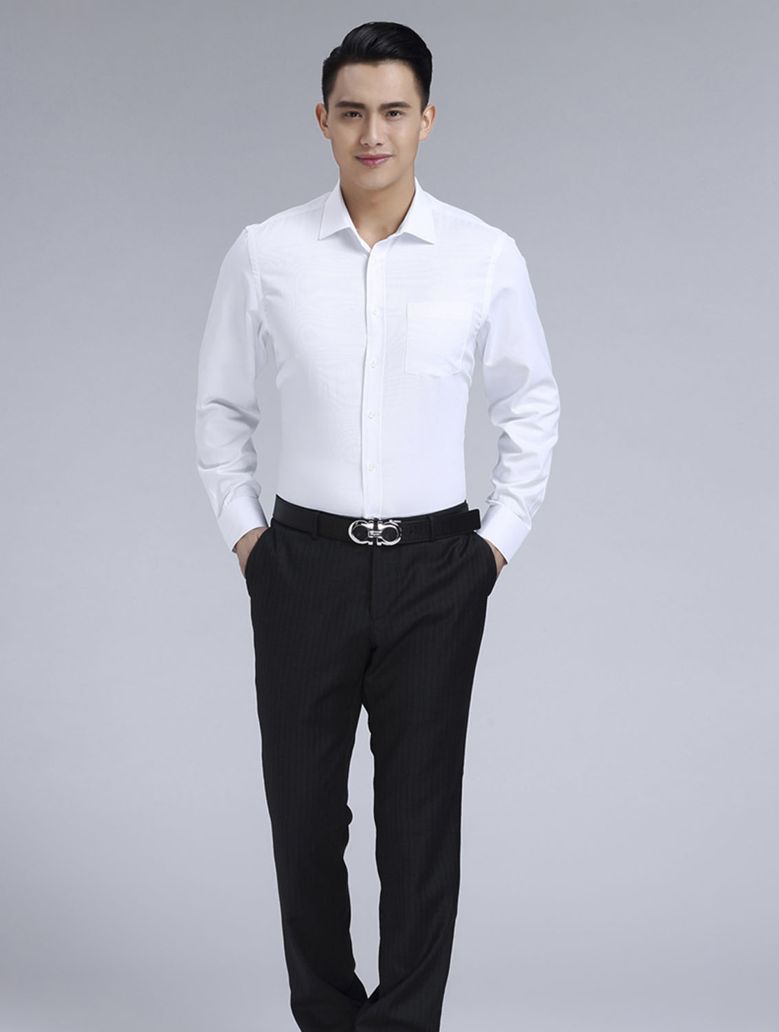 白色男款滌棉翻領(lǐng)長(zhǎng)袖修身襯衫-3016-1#