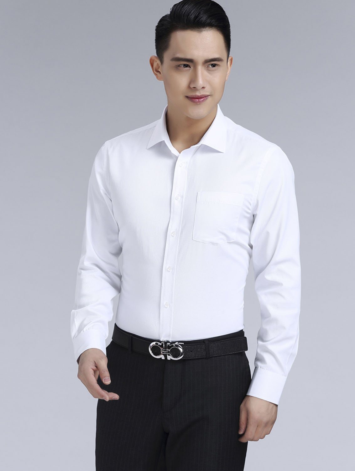 白色男款滌棉翻領(lǐng)長(zhǎng)袖修身襯衫-3016-1#