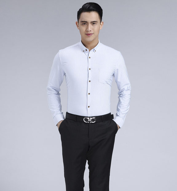藍(lán)色條紋男款牛津紡翻領(lǐng)長袖修身襯衫-59175#
