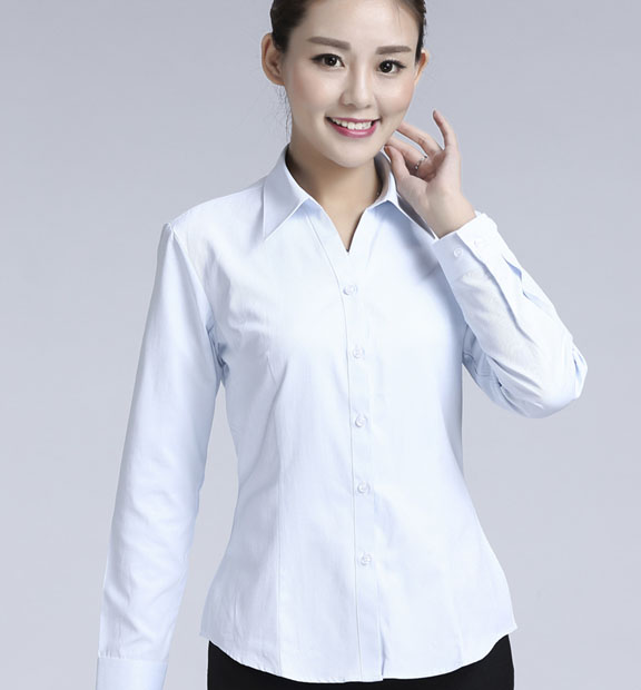 白色豎紋女款滌棉翻領(lǐng)長(zhǎng)袖修身襯衫-1491#