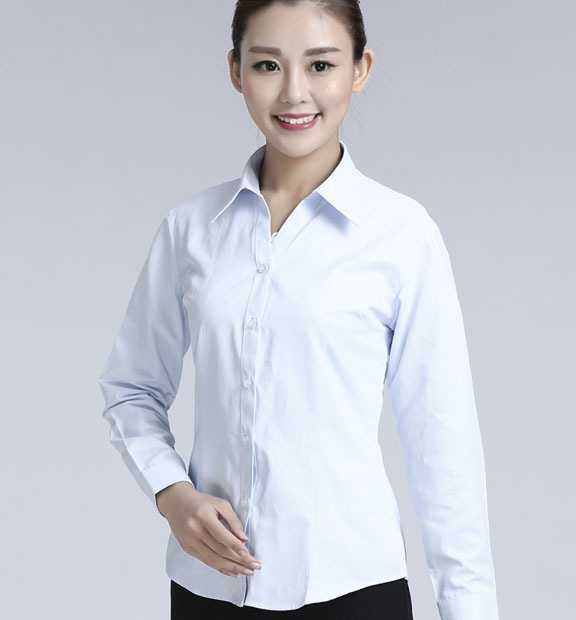 白色豎紋女款滌棉翻領(lǐng)長(zhǎng)袖修身襯衫-1491#