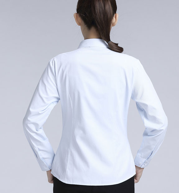 白色豎紋女款滌棉翻領(lǐng)長(zhǎng)袖修身襯衫-1491#