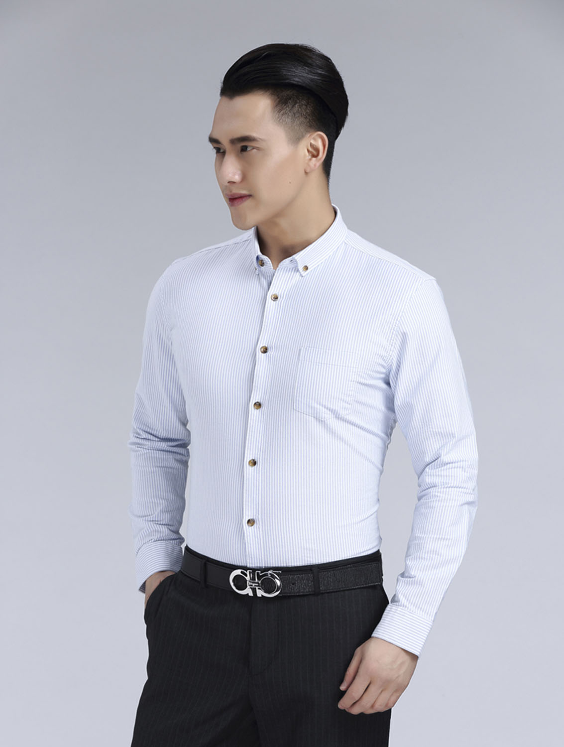藍(lán)色條紋男款牛津紡翻領(lǐng)長袖修身襯衫-59175#
