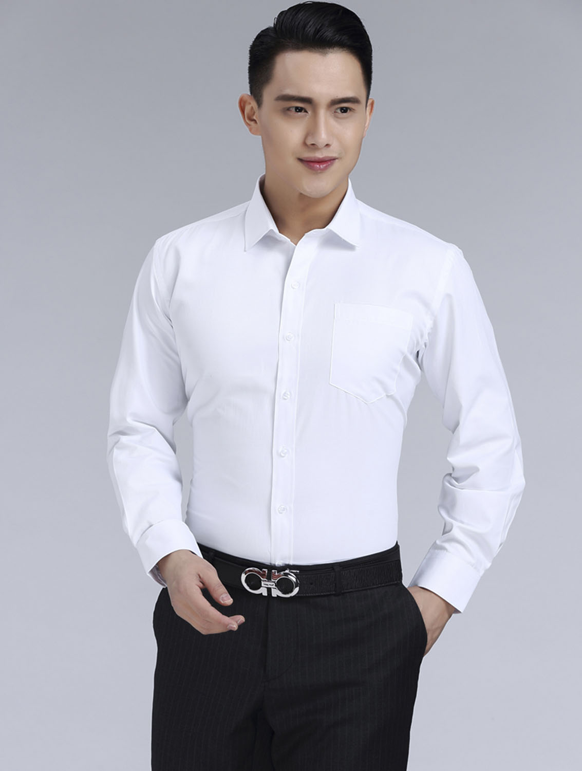 白色男款滌棉立領(lǐng)長(zhǎng)袖修身襯衫-TR0201#