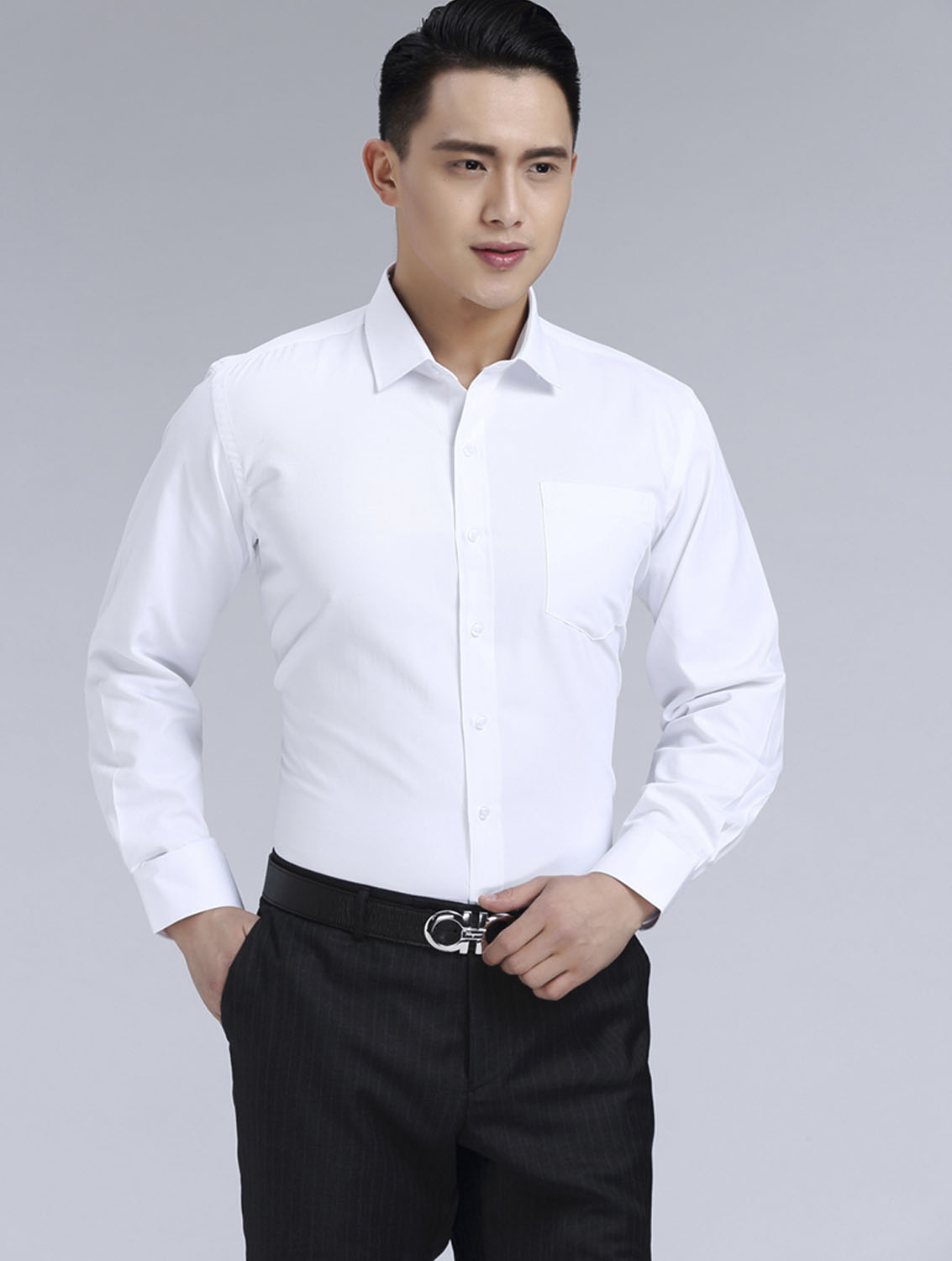 白色男款滌棉立領(lǐng)長(zhǎng)袖修身襯衫-TR0201#
