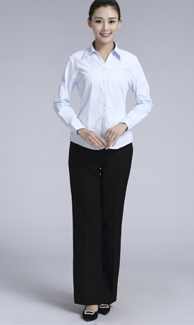淺藍(lán)色斜紋女款滌棉翻領(lǐng)長袖修身襯衫-1383#