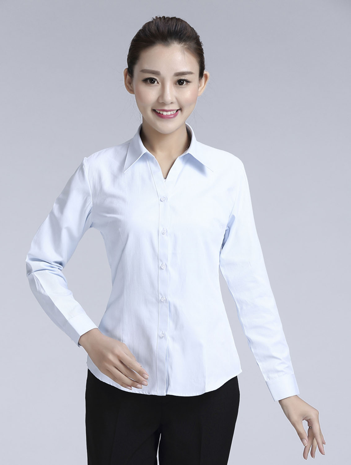 白色豎紋女款滌棉翻領(lǐng)長(zhǎng)袖修身襯衫-1491#