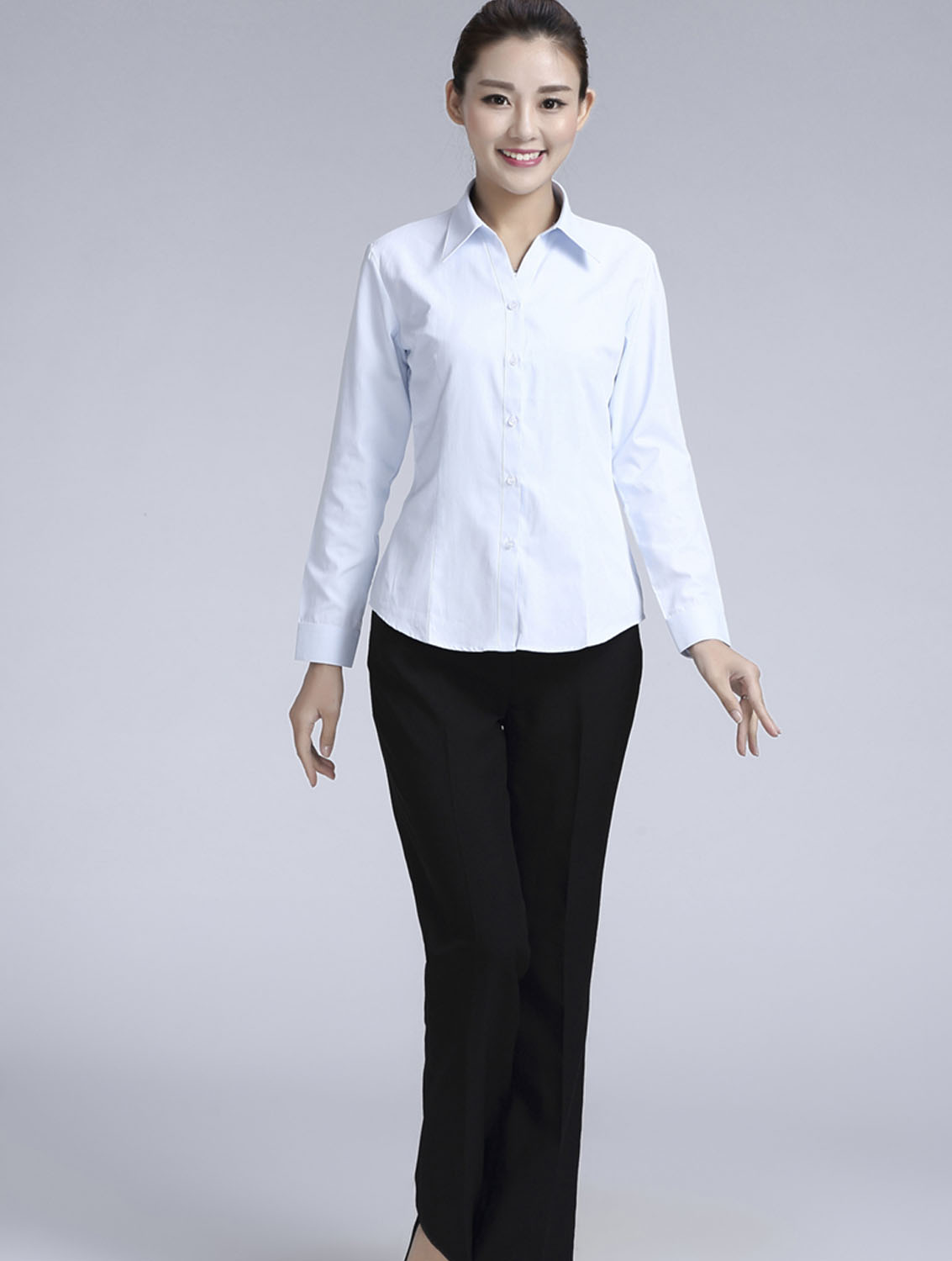 白色豎紋女款滌棉翻領(lǐng)長(zhǎng)袖修身襯衫-1491#