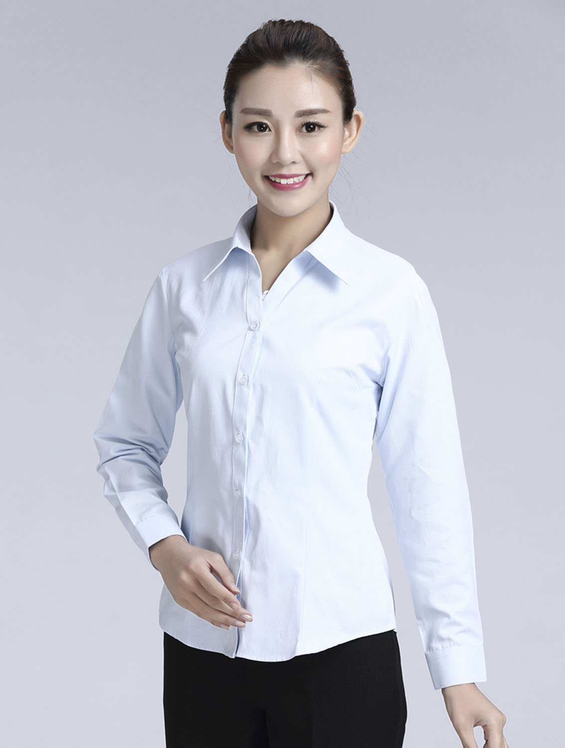 白色豎紋女款滌棉翻領(lǐng)長(zhǎng)袖修身襯衫-1491#
