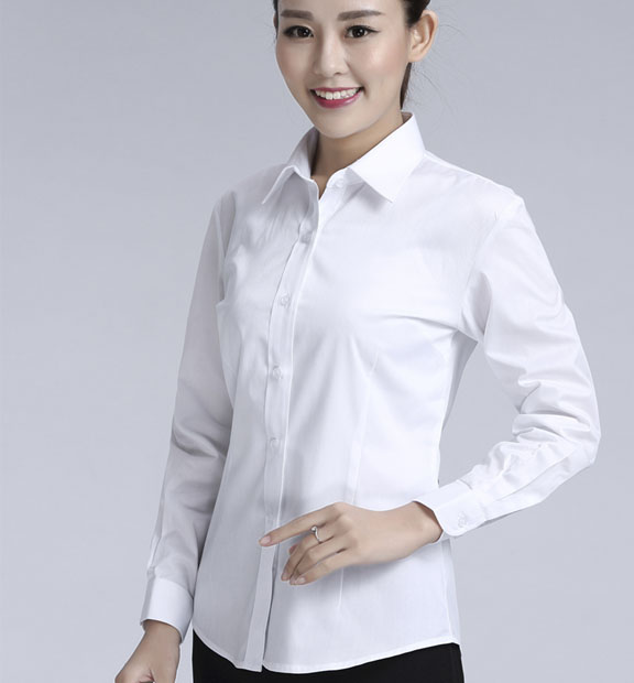 白色斜紋女款滌棉翻領(lǐng)長袖修身襯衫-CVC021#
