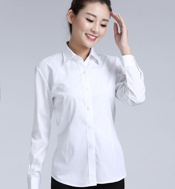 白色斜紋女款滌棉翻領(lǐng)長袖修身襯衫-CVC021#