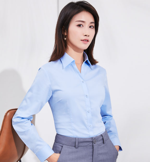 藍(lán)色女款竹纖維抗皺翻領(lǐng)長袖修身襯衫-611#