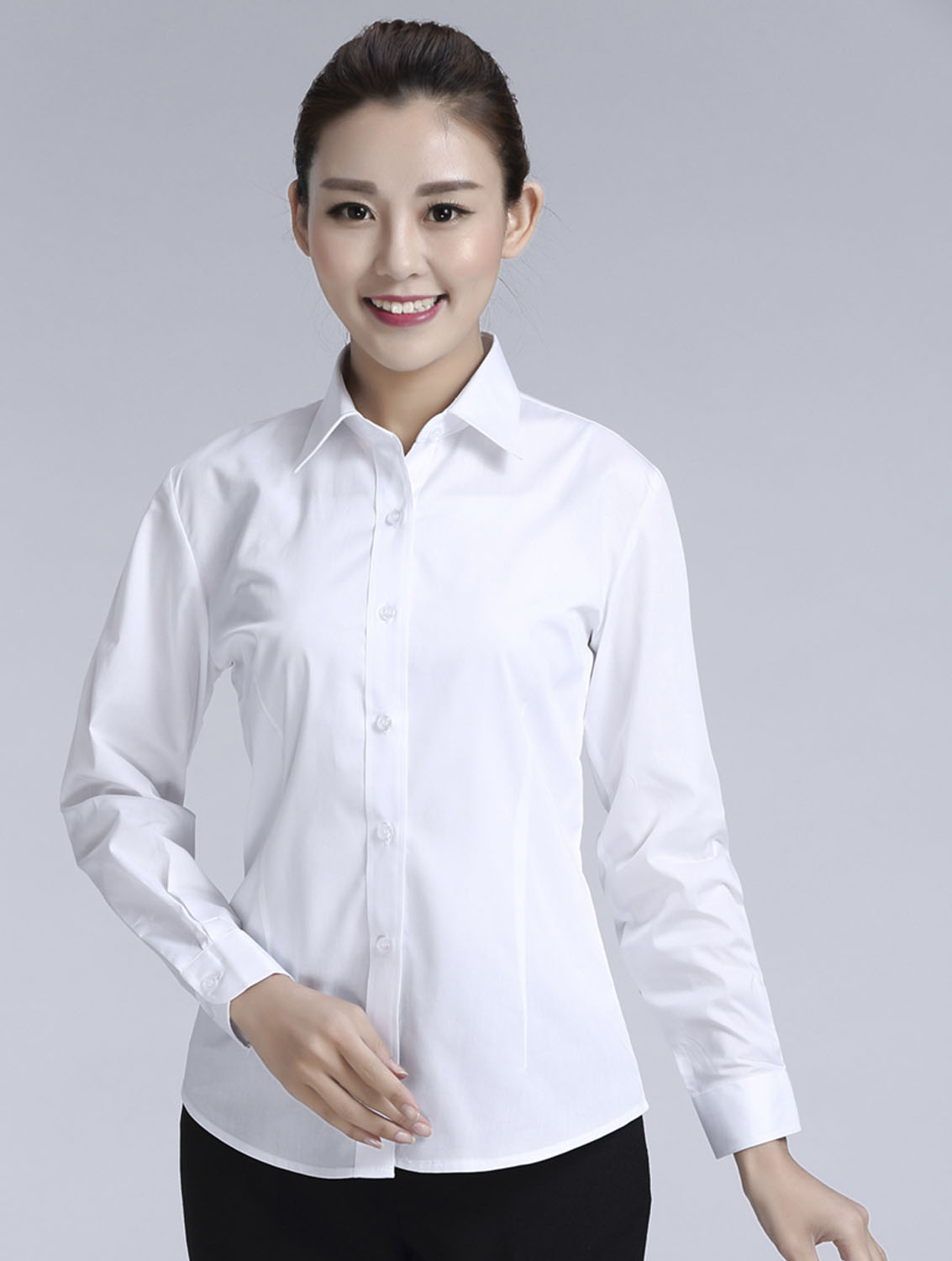 白色斜紋女款滌棉翻領(lǐng)長袖修身襯衫-CVC021#