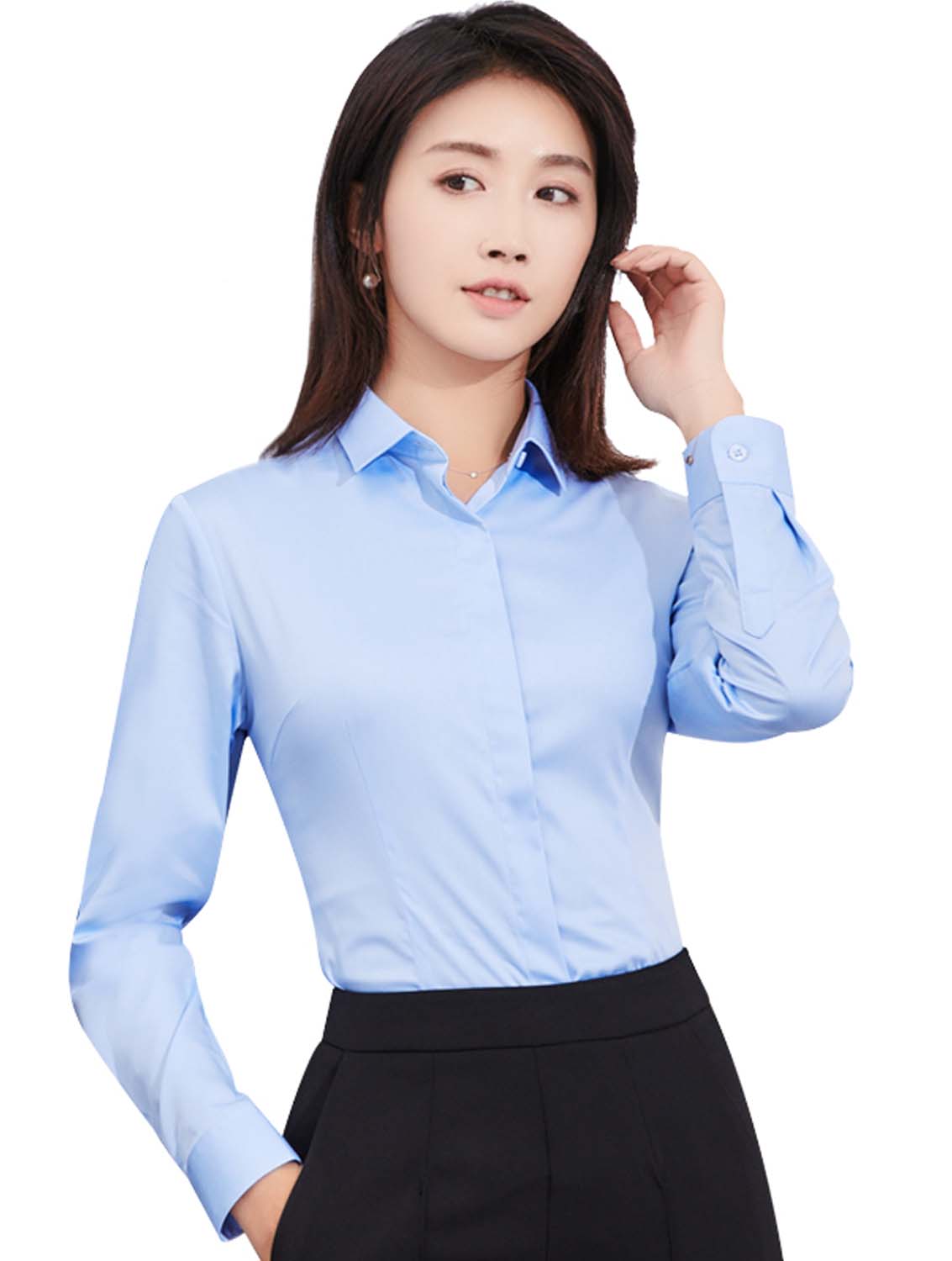藍(lán)色女款竹纖維抗皺翻領(lǐng)長袖修身襯衫-611#