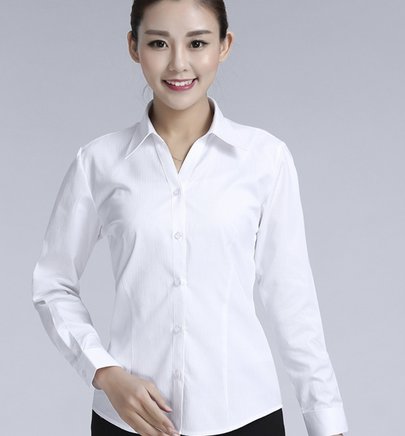 白色條紋女款滌棉翻領(lǐng)長袖修身襯衫-614#