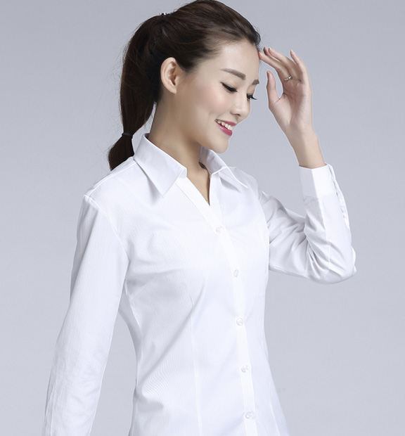 白色條紋女款滌棉翻領(lǐng)長袖修身襯衫-614#