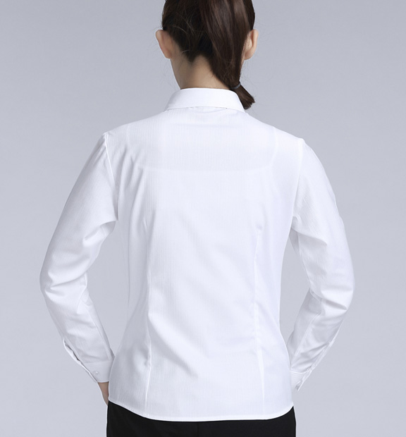 白色條紋女款滌棉翻領(lǐng)長袖修身襯衫-614#