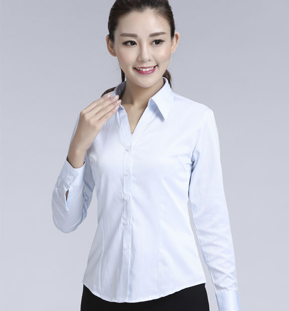 藍(lán)色暗條紋女款滌棉翻領(lǐng)長袖修身襯衫-618#
