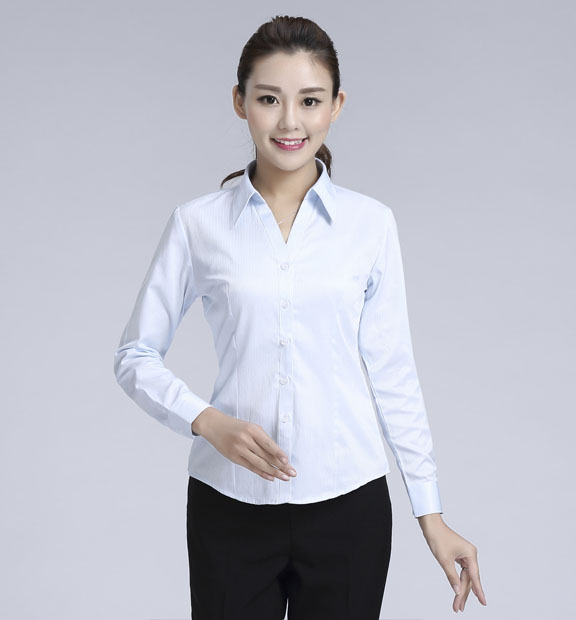 藍(lán)色暗條紋女款滌棉翻領(lǐng)長袖修身襯衫-618#