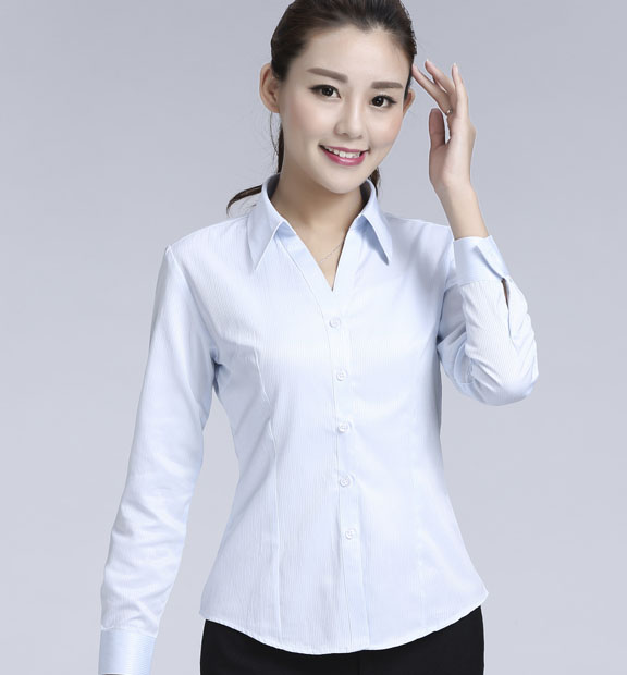 藍(lán)色暗條紋女款滌棉翻領(lǐng)長袖修身襯衫-618#