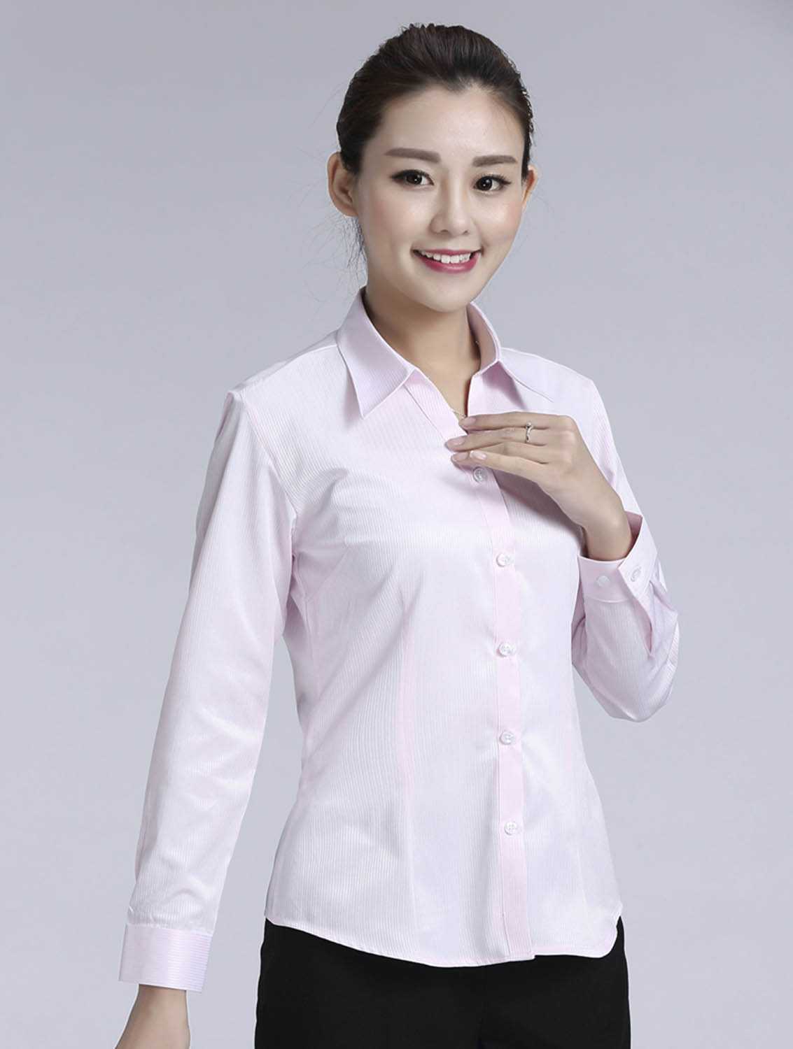 粉色暗條紋女款滌棉翻領長袖修身襯衫-613#