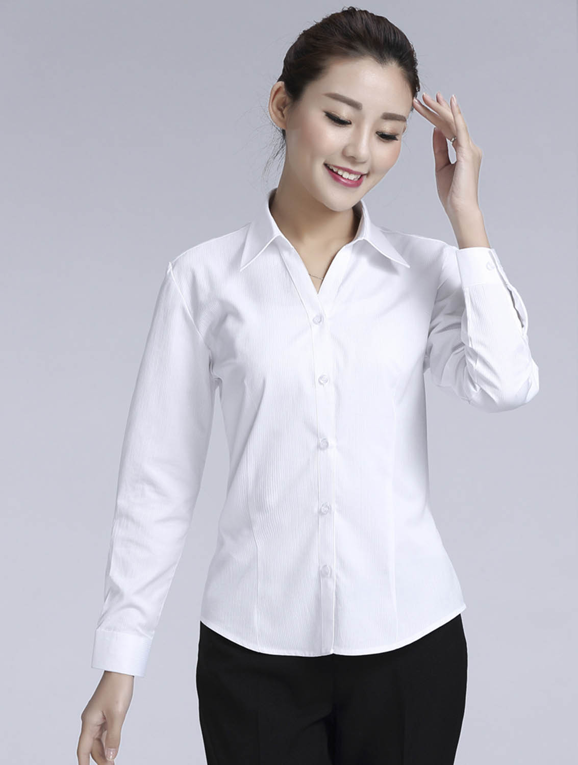 白色條紋女款滌棉翻領(lǐng)長袖修身襯衫-614#