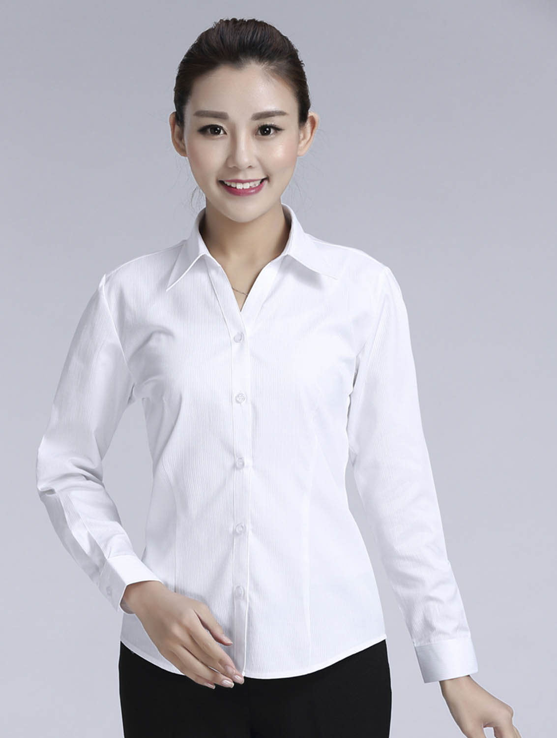 白色條紋女款滌棉翻領(lǐng)長袖修身襯衫-614#