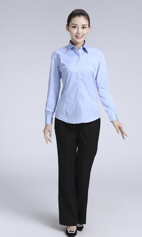 藍(lán)色女款滌棉翻領(lǐng)長(zhǎng)袖正裝修身襯衫-617#