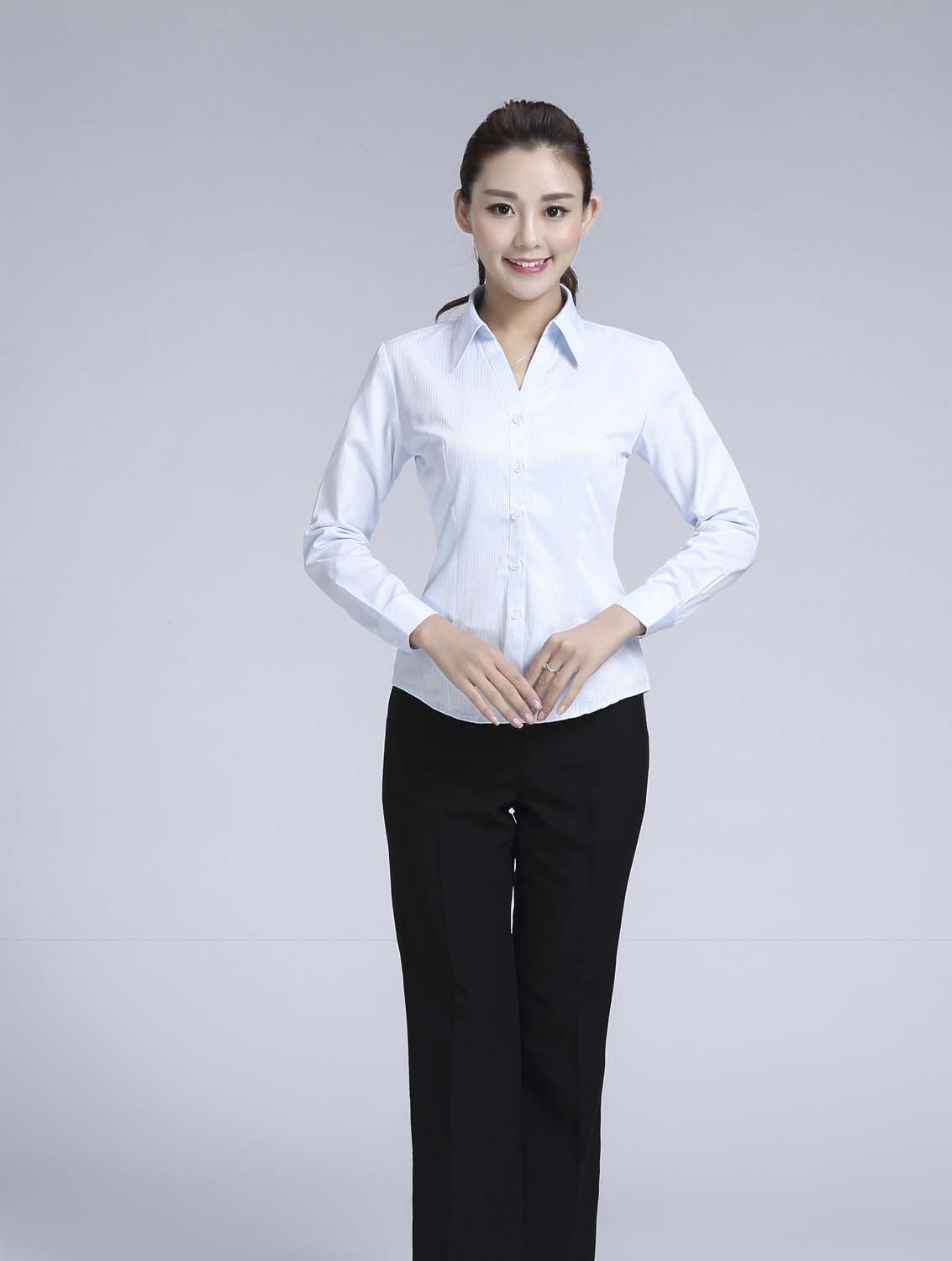 藍(lán)色暗條紋女款滌棉翻領(lǐng)長袖修身襯衫-618#
