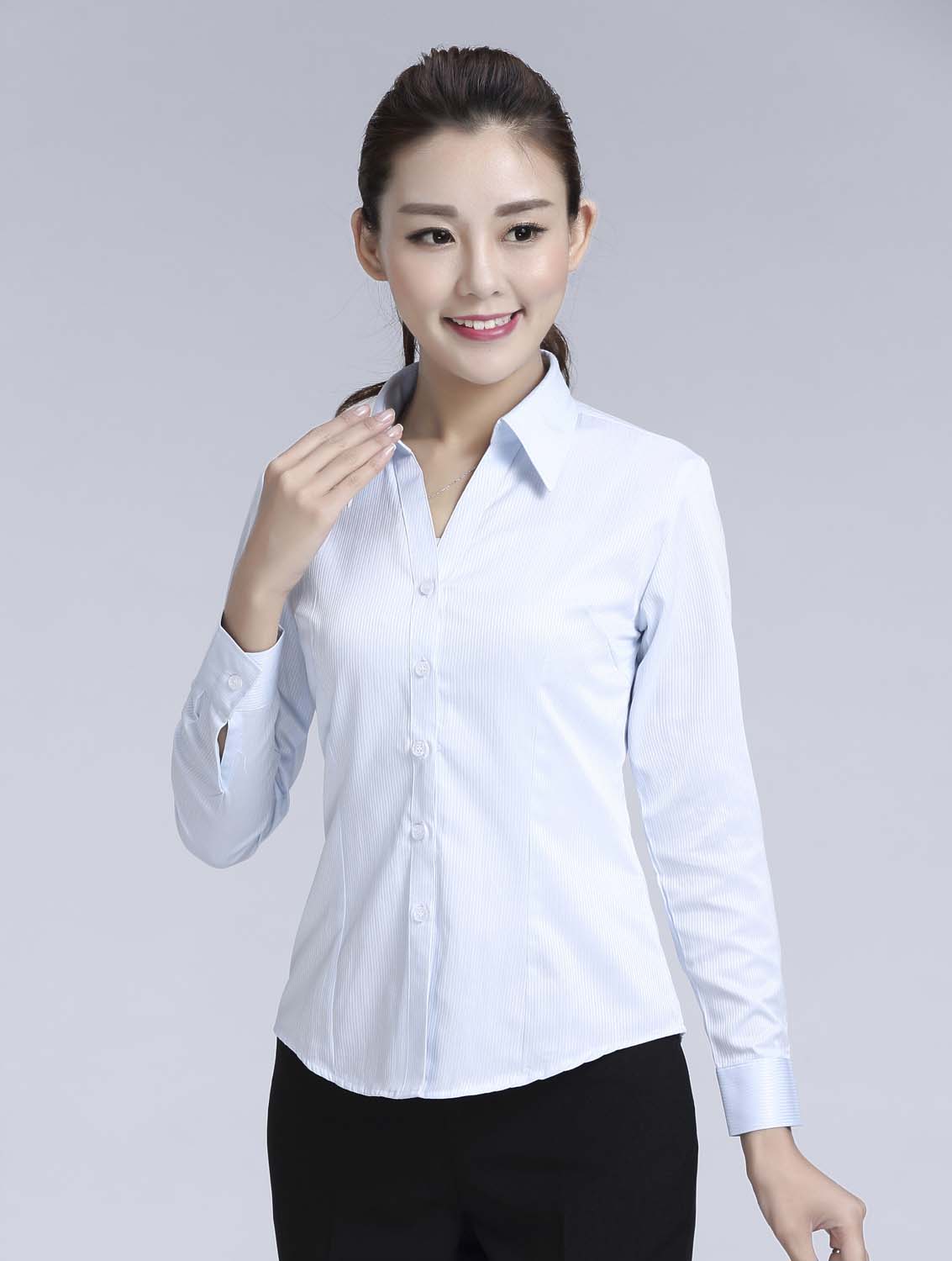 藍(lán)色暗條紋女款滌棉翻領(lǐng)長袖修身襯衫-618#