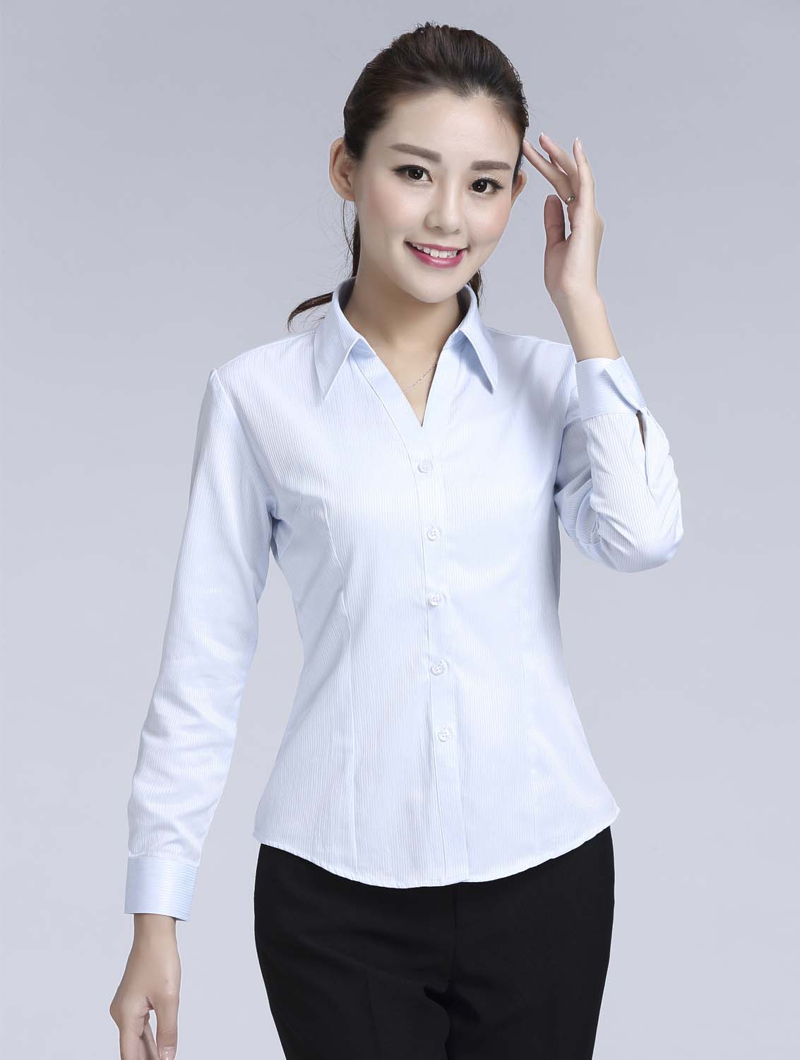 藍(lán)色暗條紋女款滌棉翻領(lǐng)長袖修身襯衫-618#