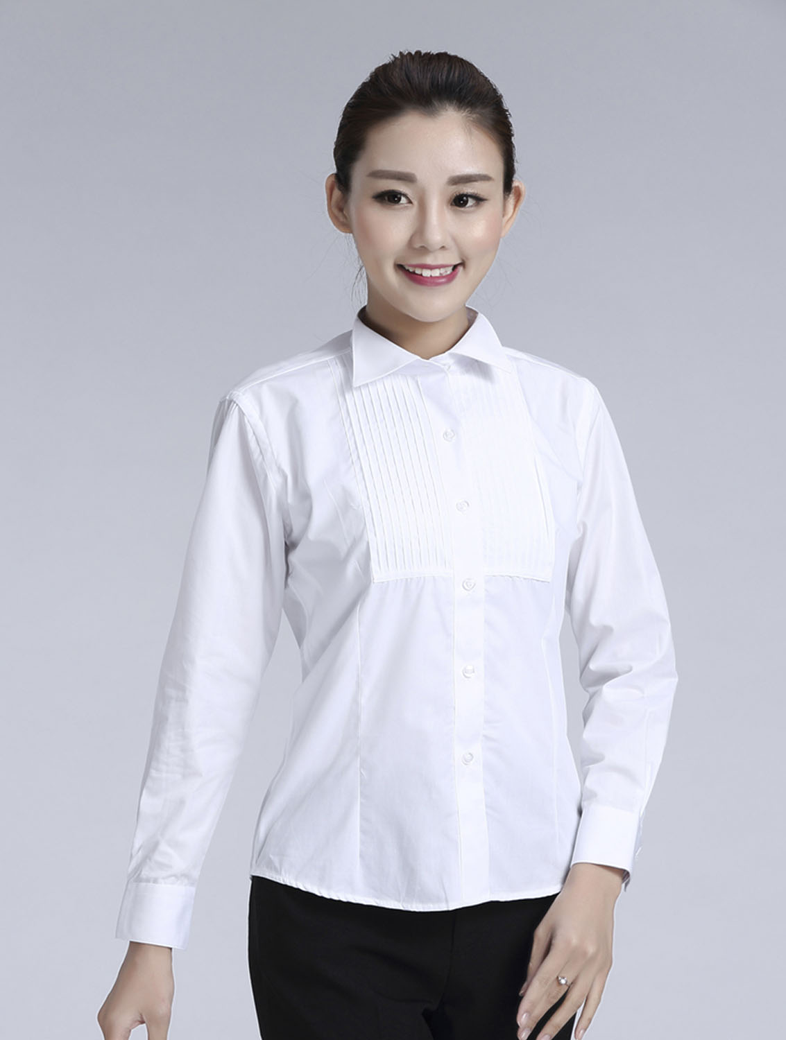 白色女款純棉翻領(lǐng)長(zhǎng)袖禮服襯衫-619#
