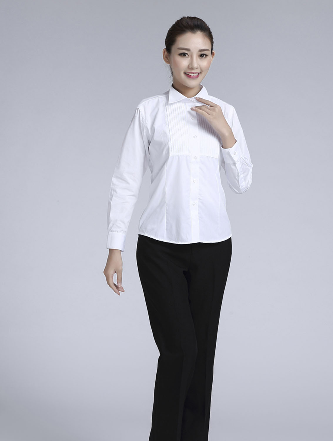 白色女款純棉翻領(lǐng)長(zhǎng)袖禮服襯衫-619#