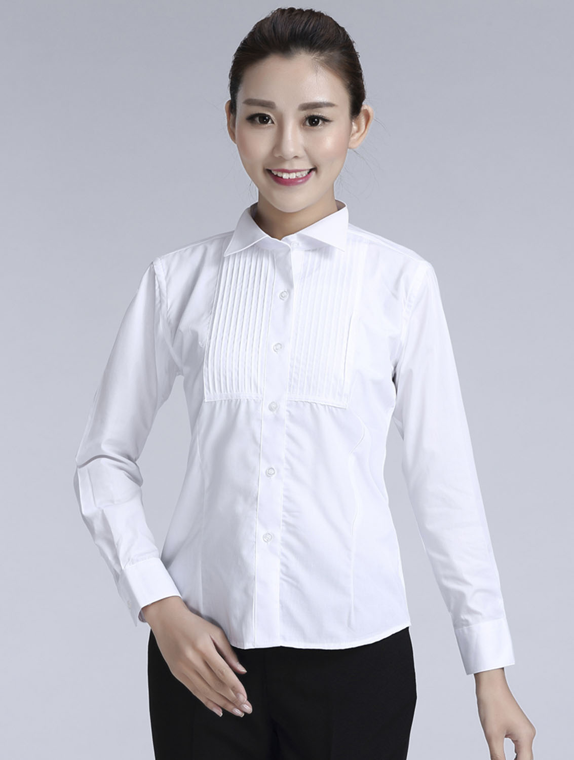 白色女款純棉翻領(lǐng)長(zhǎng)袖禮服襯衫-619#