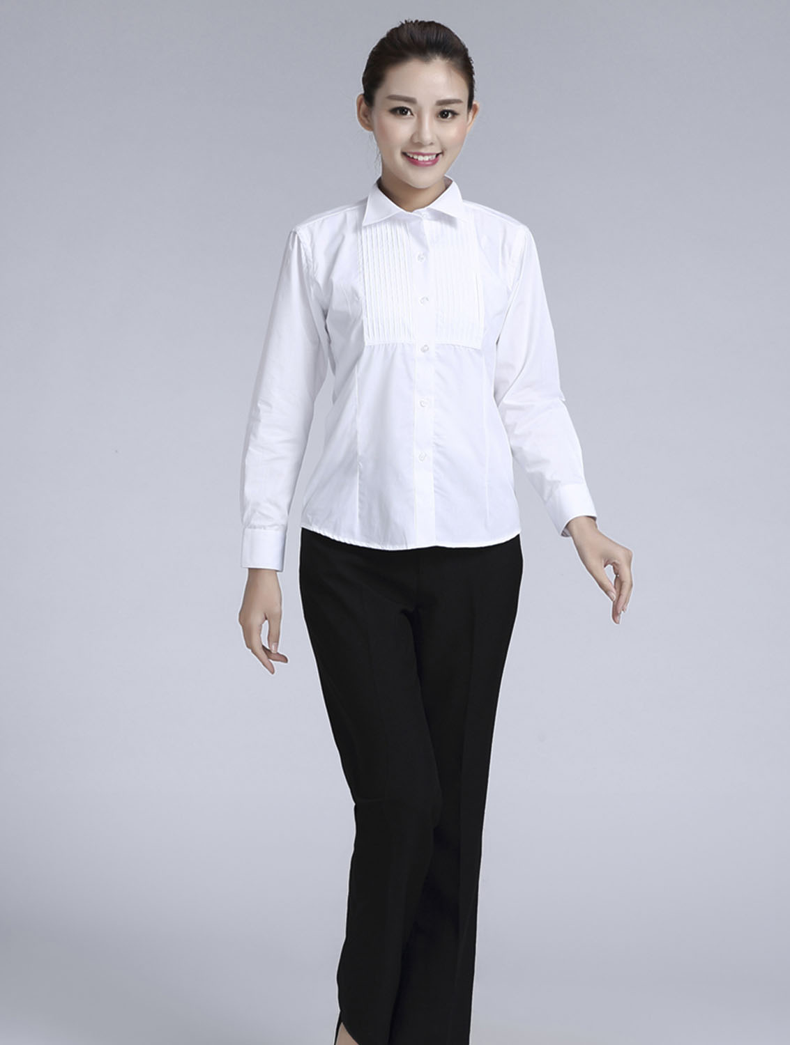 白色女款純棉翻領(lǐng)長(zhǎng)袖禮服襯衫-619#