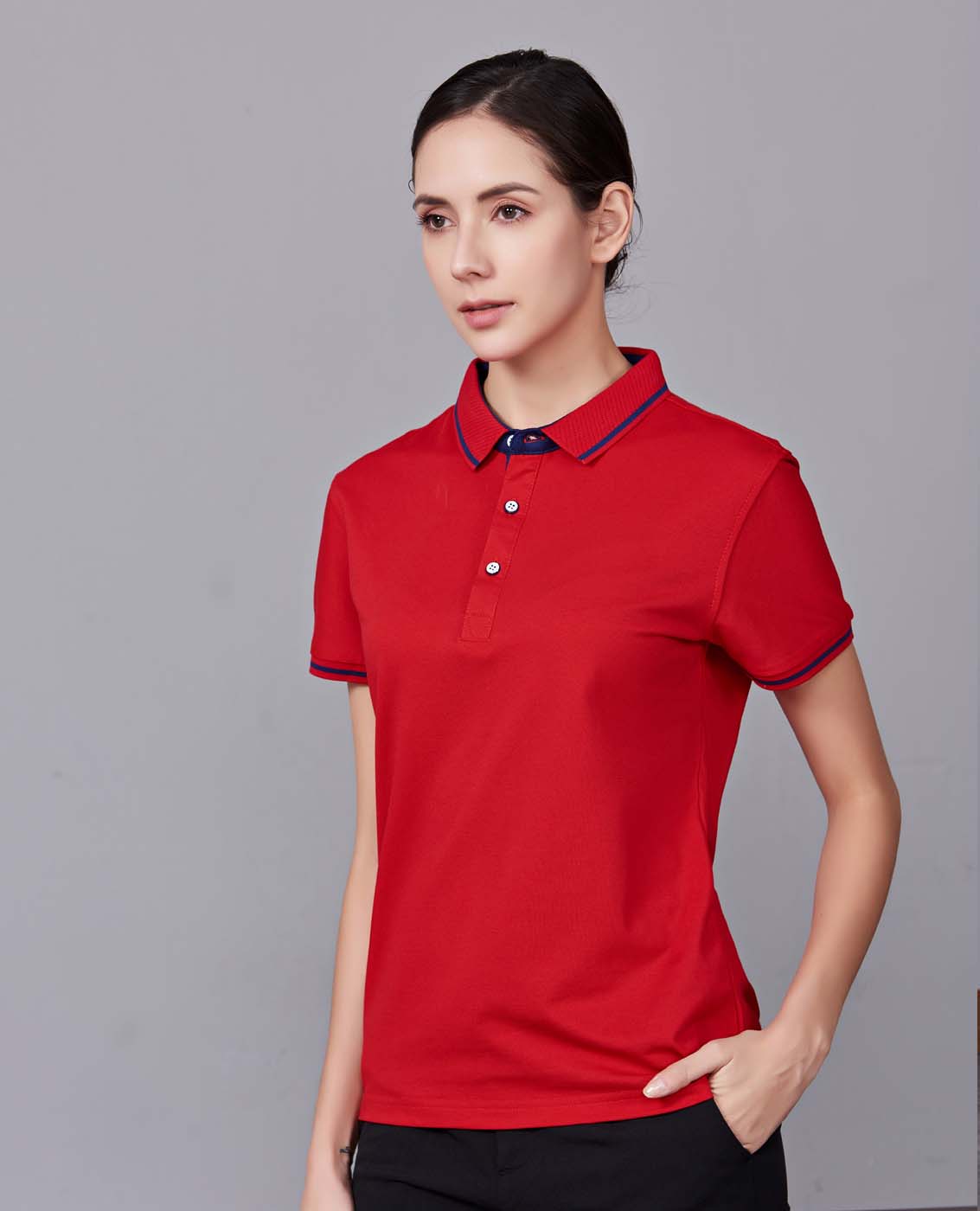 夏季紅色男女同款桑蠶絲翻領(lǐng)修身T恤衫/polo衫-1878#