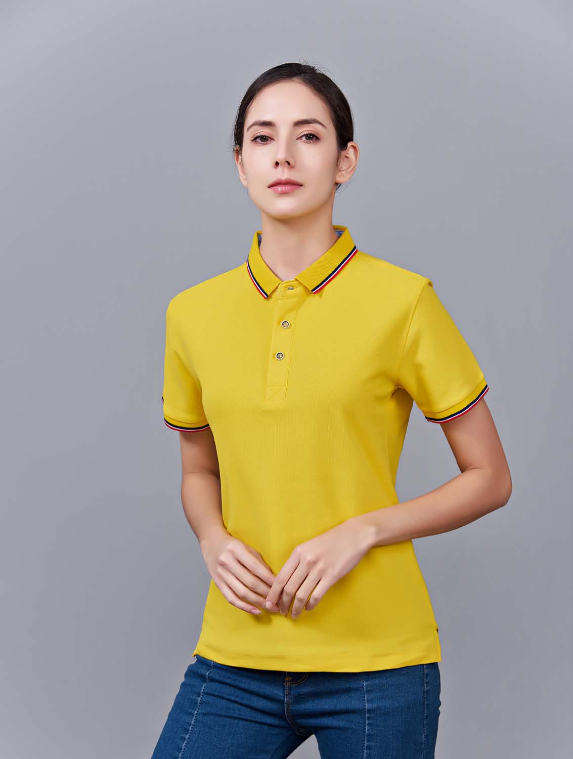 夏季黃色男女同款滌棉短袖翻領(lǐng)時(shí)尚T恤衫/polo衫-2788#