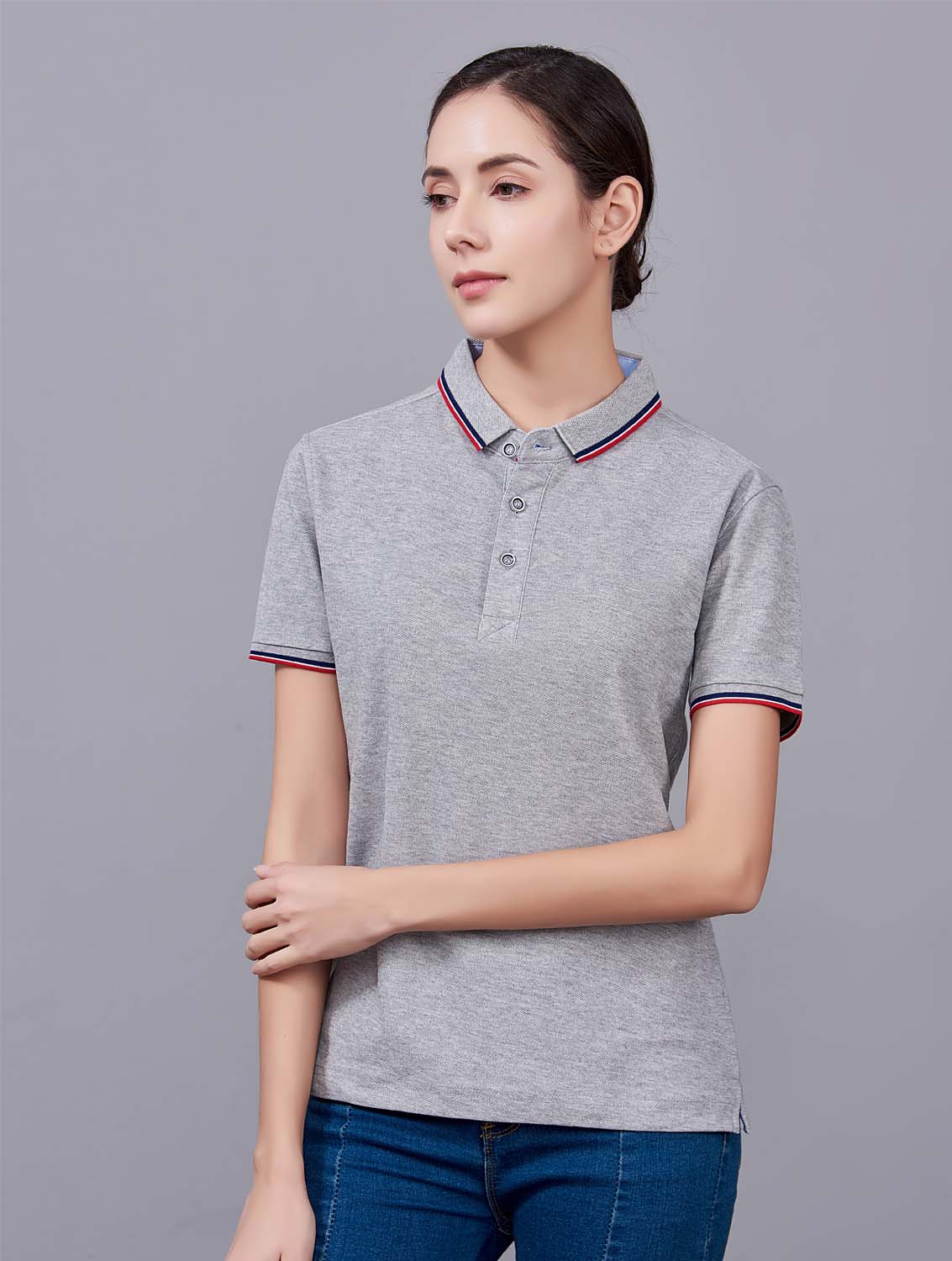 夏季麻灰色男女同款滌棉短袖翻領(lǐng)時(shí)尚T恤衫/polo衫-2788#
