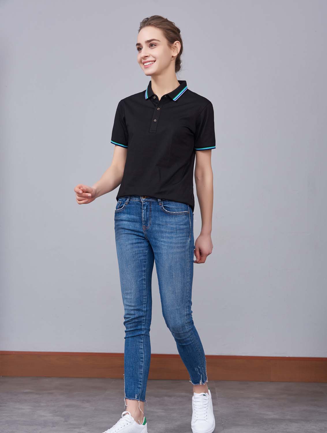 夏季黑色男女同款冰瓷棉短袖翻領(lǐng)時(shí)尚T恤衫/polo衫-66531#